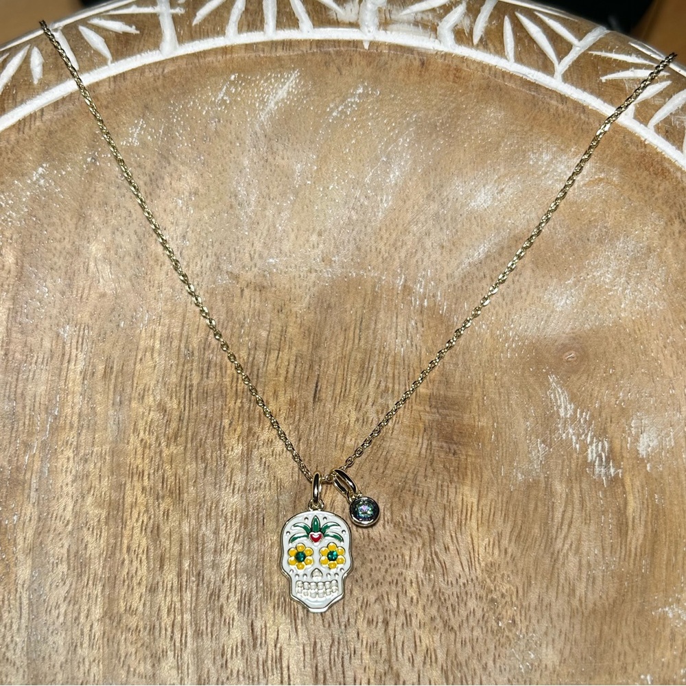 Rae Dunn 14KT Gold Plated Over Brass Tropical Skull Skeleton Halloween Necklace
